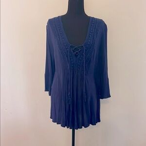 Pinup Fashion Women's Plus Size 3/4 Sleeve Lace Up V Neck Top Tassel Tie sz 1x